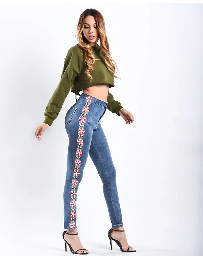YNZZU Цветочная вышивка женские джинсы брюки повседневные с высокой талией джинсы Femme синие джинсовые обтягивающие джинсы узкие брюки 2018 YB260