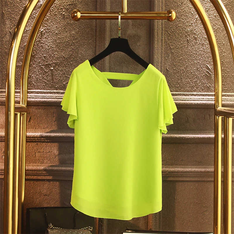 Banerdanni, продукт, женская блузка, летняя шифоновая рубашка с коротким рукавом и v-образным вырезом, Повседневная блуза размера плюс, свободные женские топы - Цвет: green