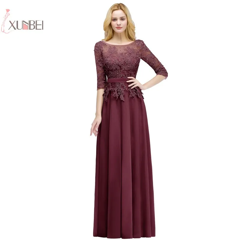 

Luxury Burgundy Pink Chiffon Evening Dresses Long 2019 Half Sleeve Applique Beading Evening Gown Formal Dress robe de soiree