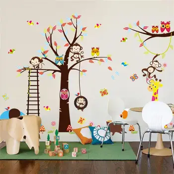 

% large tree animal wall stickers for kids room home decoration monkey owl zoo cartoon diy children baby home decal mural art