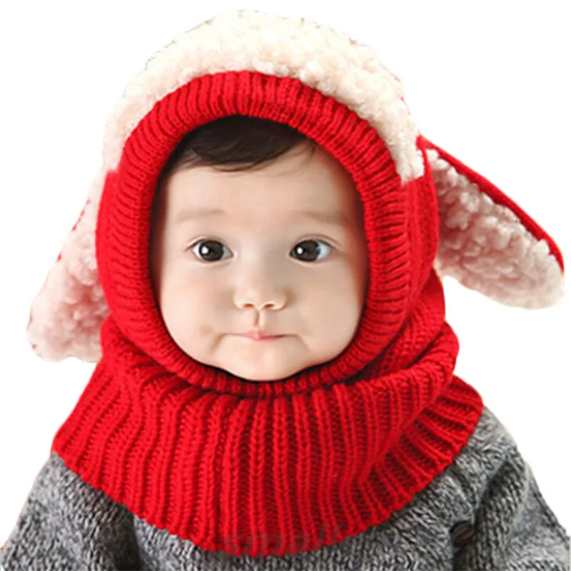 Милые детские вязаные шапочки с ушками на осень и зиму, шапочки для малышей, теплые шерстяные шапки для мальчиков и девочек, удлиненная шапка, Детские шарфы, комплект с шапочкой - Color: red