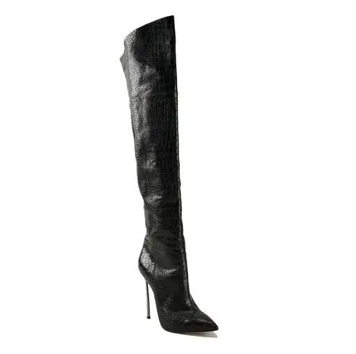 Gullick Sexy Cobra Skin Leather Over the Knee Boots Pointed Toe Blade Heels Thigh High Boots Black Brown Zipper Long Boot