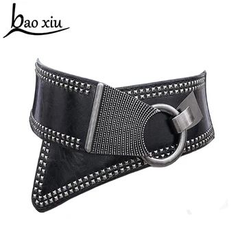 

New Fashion metal Retro Rivets Wide Belts for Women Elastic Wide punk Style Women leather Belts Metal Round Buckle accessories