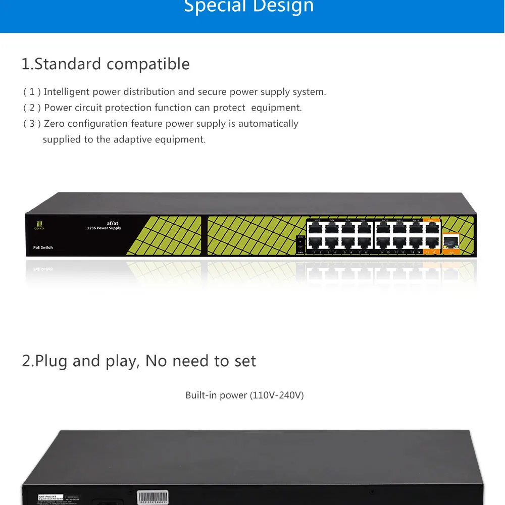 Высокое качество 16 портов переключатель питания по сети Ethernet с 1 гигабитный восходящем и 2 gigabit RJ45 порт PoE для IP Камера