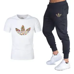2019 брендовые комплекты Для мужчин с коротким рукавом + брюки 2 шт логотип уличной моды Для мужчин тренажерные залы штаны для бега