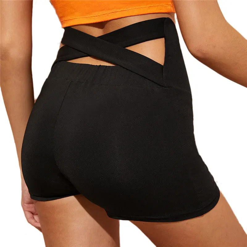 SHEIN Wide Waistband Criss Cross Back Shorts Women Solid Sporty High Waist Shorts Skinny Elastic Waist Stretchy Summer Shorts