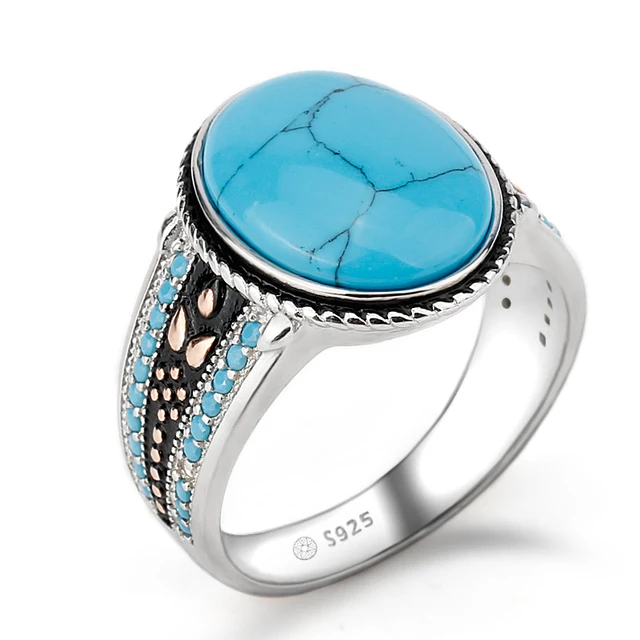 925 Sterling Silver Turquoise Ring Oval Sky Blue Stone