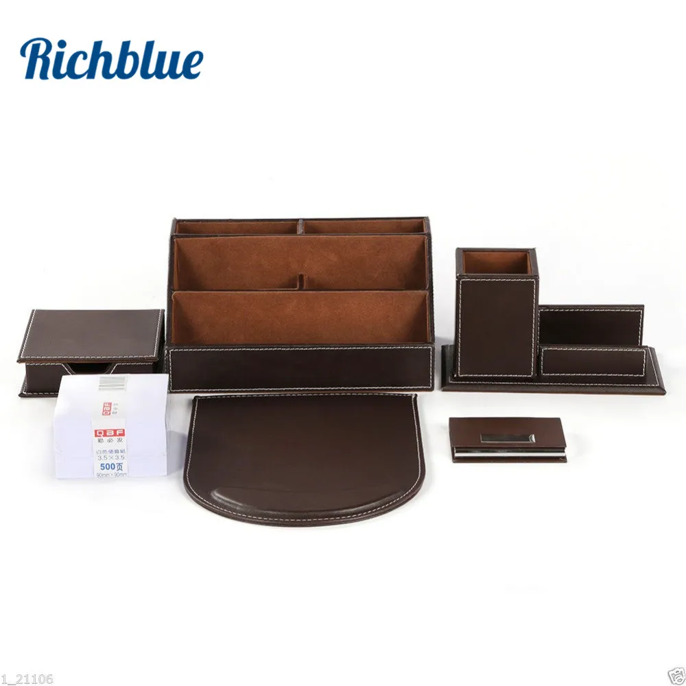 

brown 6PCS/set leather office desk stationery accessories organizer pen holder box mouse pad note case name card case