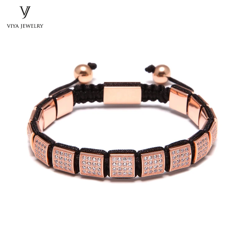 

Customized luxury Men's Jewelry 8mm Rose Gold Square Beads With Zircon Pave Setting Handmade Adjustable Mens Beaded Bracelet