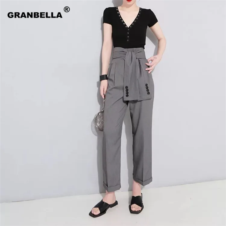 

2019 Spring Fall High Waist Korean style Solid Color Temperament Tide Trend Fashion New Women's Casual Wide Leg Pants With Belt
