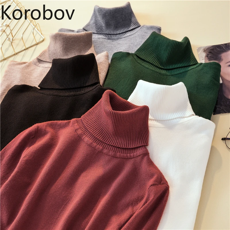 

Korobov Autumn New Basic Long Sleeve Sweaters Women Turtleneck Knitted Solid Korean Pullovers Slim Elastics Jumper Femme 78572