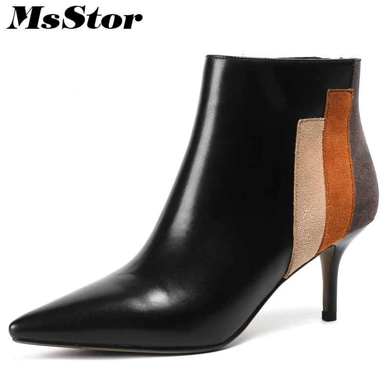 

MsStor Women Boots Hot Selling Pointed Toe High Heel Ankle Boots Women Shoes Mixed Colors Thin Heels Zipper Boot Shoes For Girl