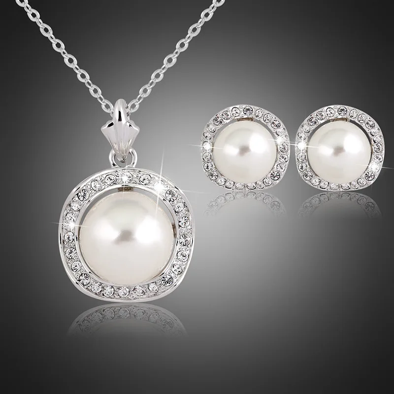 Crystal Rhinestone Silver Wedding Jewelry Ser for Women with 1pc Necklace Pendant 1Pair Ear Stud | Украшения и аксессуары