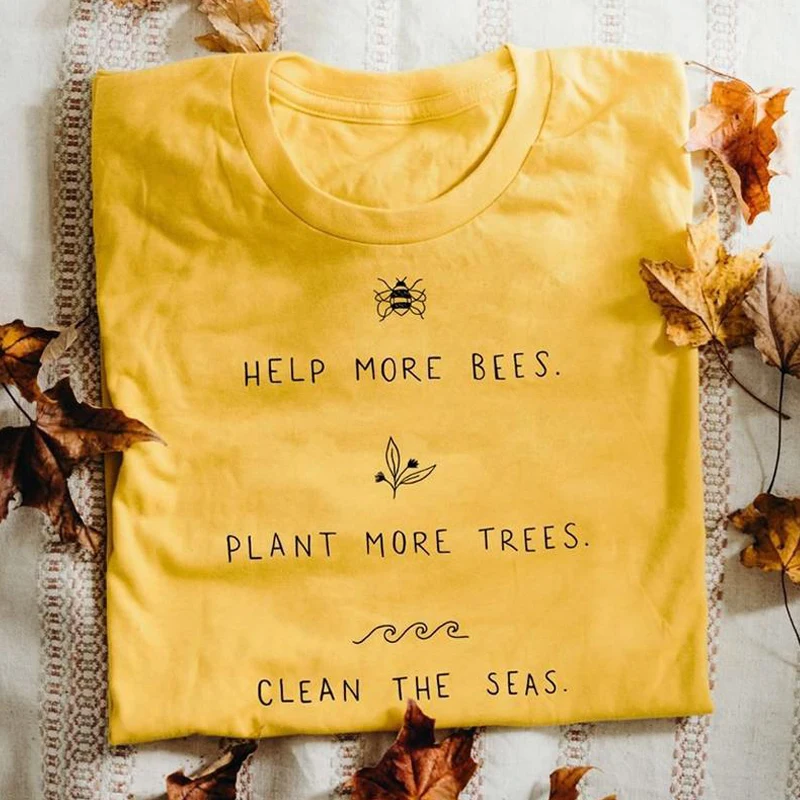 

Help More Bees Plant More Trees Clean The Seas Graphic Tees Tops Casual Harajuku Cotton Summer T-shirt Unisex Print Funny Tshirt