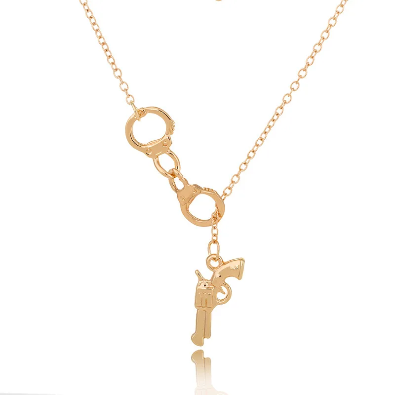

New Arrival Fashion Gold Silver Color Handcuff and Gun Necklace For Women Men Jewelry Gift