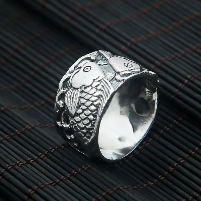 Настоящее 925 пробы серебряные ювелирные изделия гравированные двойные кольца с рыбками для женщин и мужчин влюбленных пар подарок