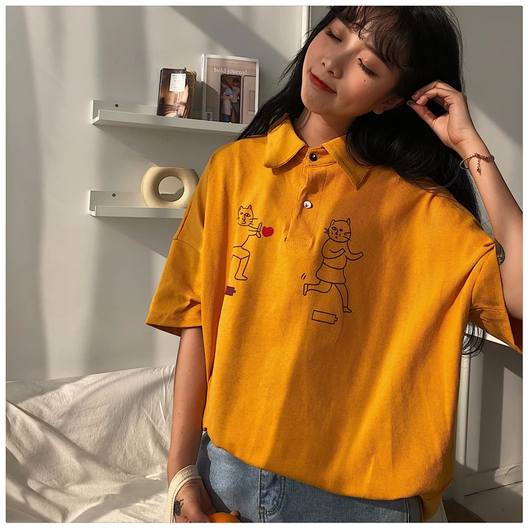 

Lolita Cartoon Cat Love Funny Graphic Print Turndown Button T-shirt Korean Tee Top Oversized Loose Shirt Plus Size Ulzzang 2019