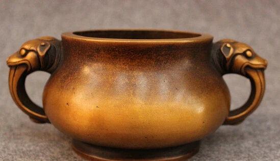 

bi002395 Chinese Bronze Dragon Beast Head Handle Statue Bowl Jar Incense Burner Censer