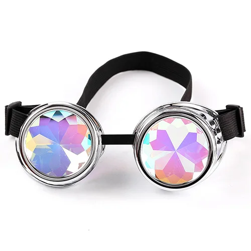 Hotselling Kaleidoscope Rainbow Crystal Lenses Steampunk Goggles EDM Glasses Gothic Cosplay Goggles Eyewear Vintage Halloween - Цвет линз: Silver