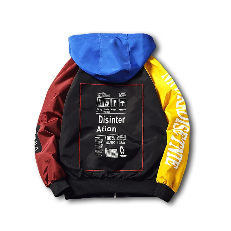 Goede Gemengde Kleur Geblokkeerd Lente Jas Met Kap Coontrast Hiphop Heren Streetwear Heren Windjack Jassen Raglanmouwen Plus 5xl