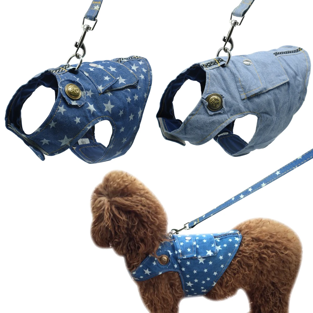 Denim Dog Harness and Leash Jeans Pet Vest Jacket For Small Puppy Dogs