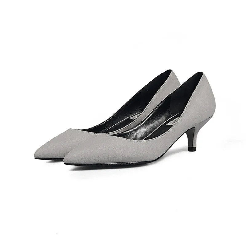 Рабочая обувь из флока 5 см серого цвета Женская офисная обувь без шнуровки с острым носком модная женская свадебная обувь K-226