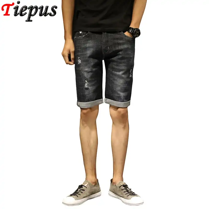mens ripped denim shorts black