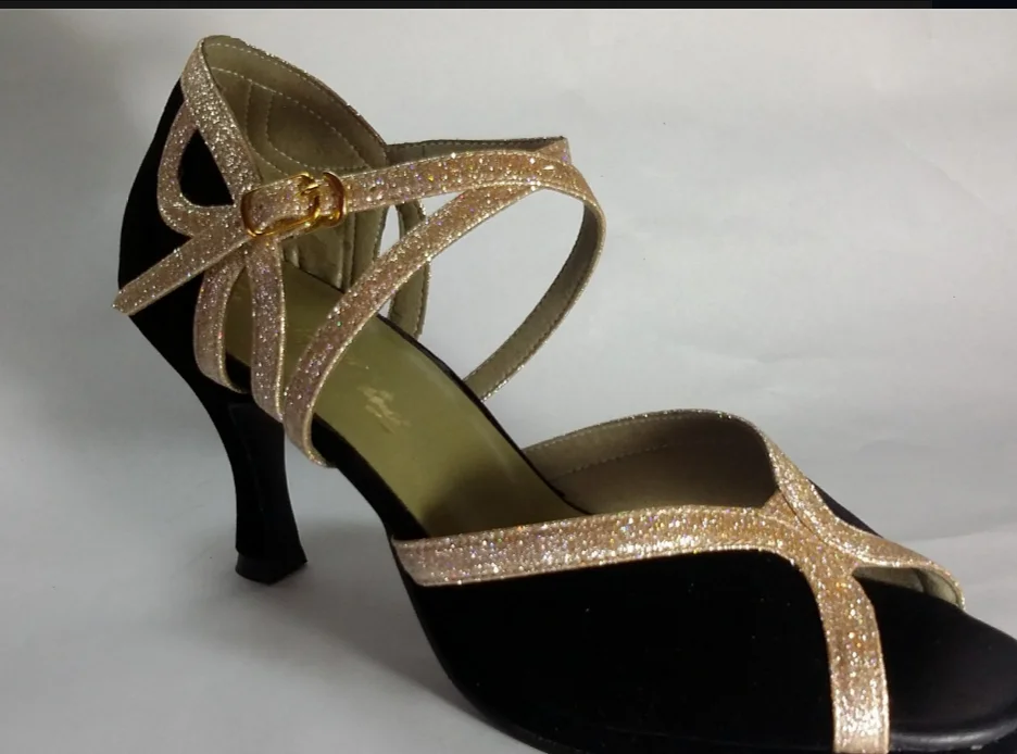 New Women BLack Suede Gold Glitter Ballroom Latin Dance