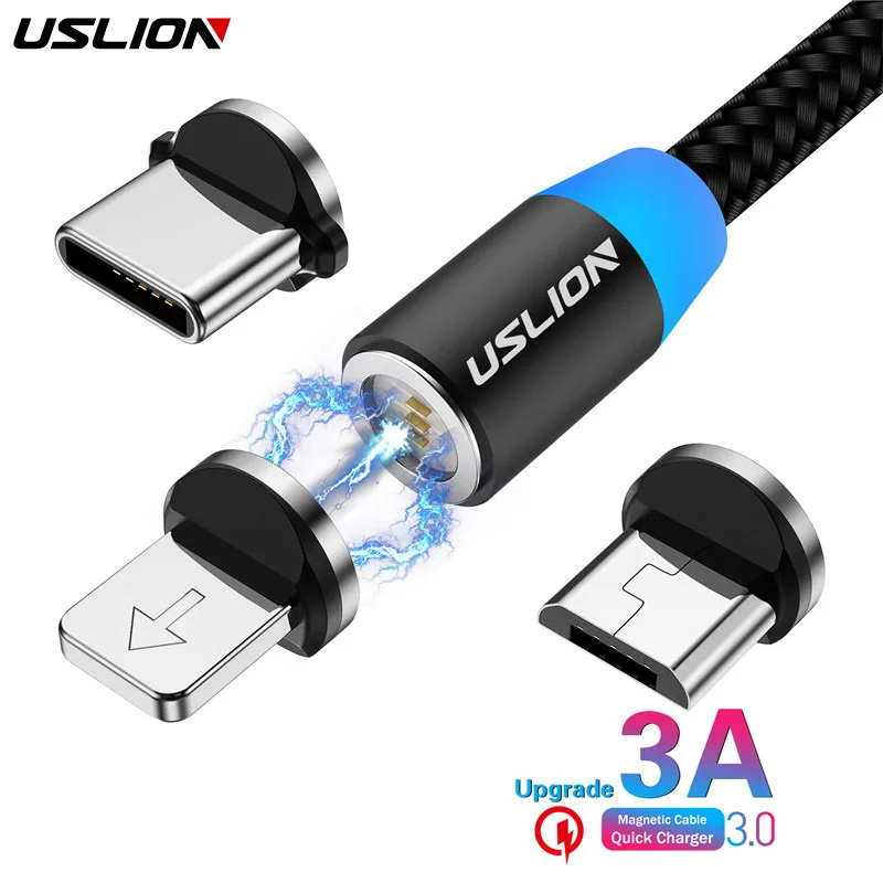 

USLION 3A Fast Charging Magnetic USB Cable Type C Micro Cable LED Nylon Braided Type-C Magnet Charger For Iphone XS 7 Samsung 1M