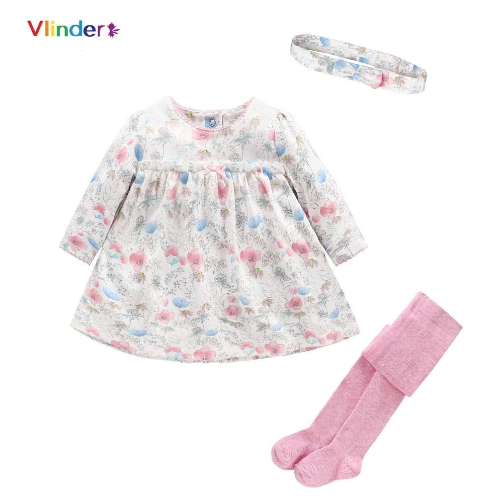

Vlinder Baby girl dress set Girls Clothing Print Floral Long Sleeve Cotton Dress Snug Infant Pantyhose Baby Headband 3pcs Set