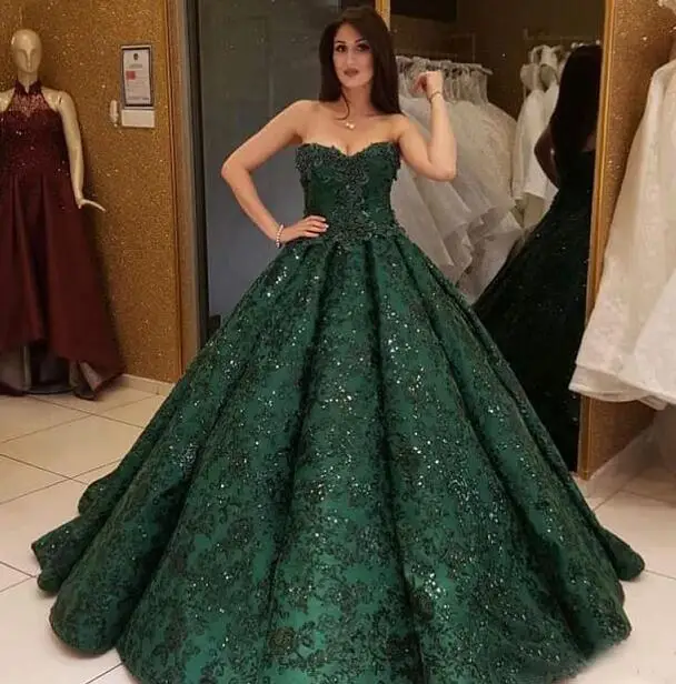 Темно-зеленое кружевное бальное платье, платья, блестящие арабские блестки в виде сердечек, платья для выпускного вечера, нарядные вечерние платья в Дубае - Цвет: Зеленый