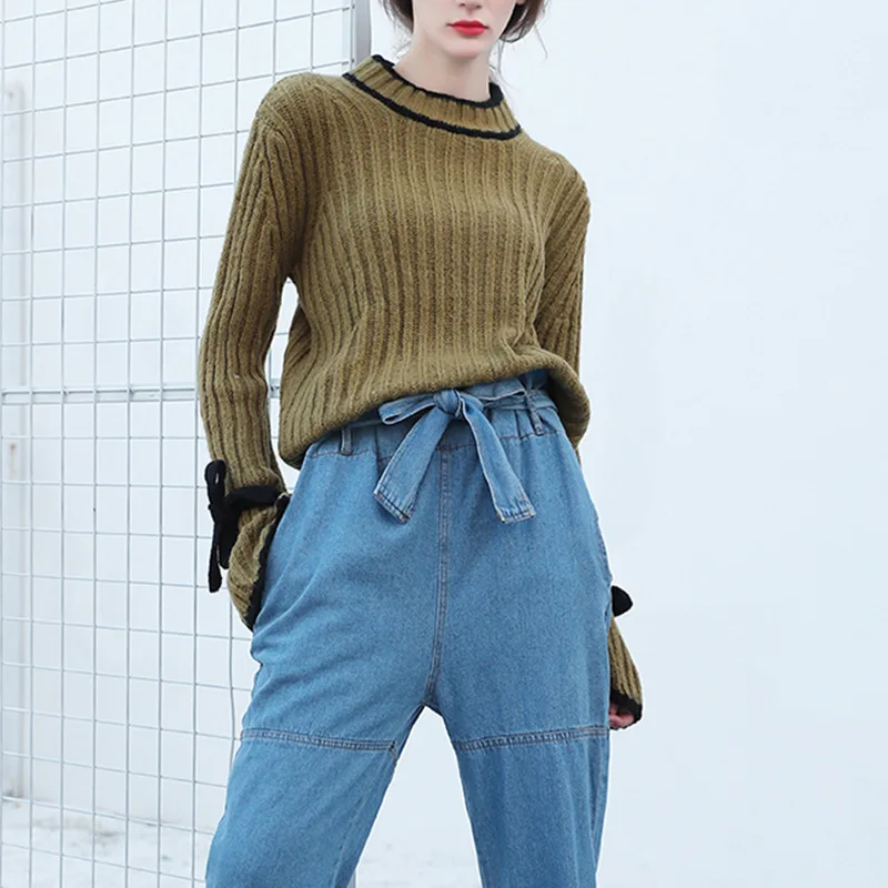 

2019 Women Wear New Korean Version Loose-headed Woolen Dress Women Tie Horn Cuff Knit Sweater Women Sweater Pullovers