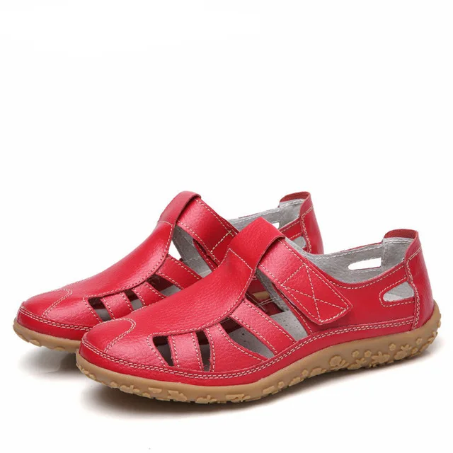Женская обувь; женская обувь из натуральной кожи на плоской подошве; летние женские лоферы; дышащая пляжная женская обувь; большие размеры 35-42 - Цвет: Red