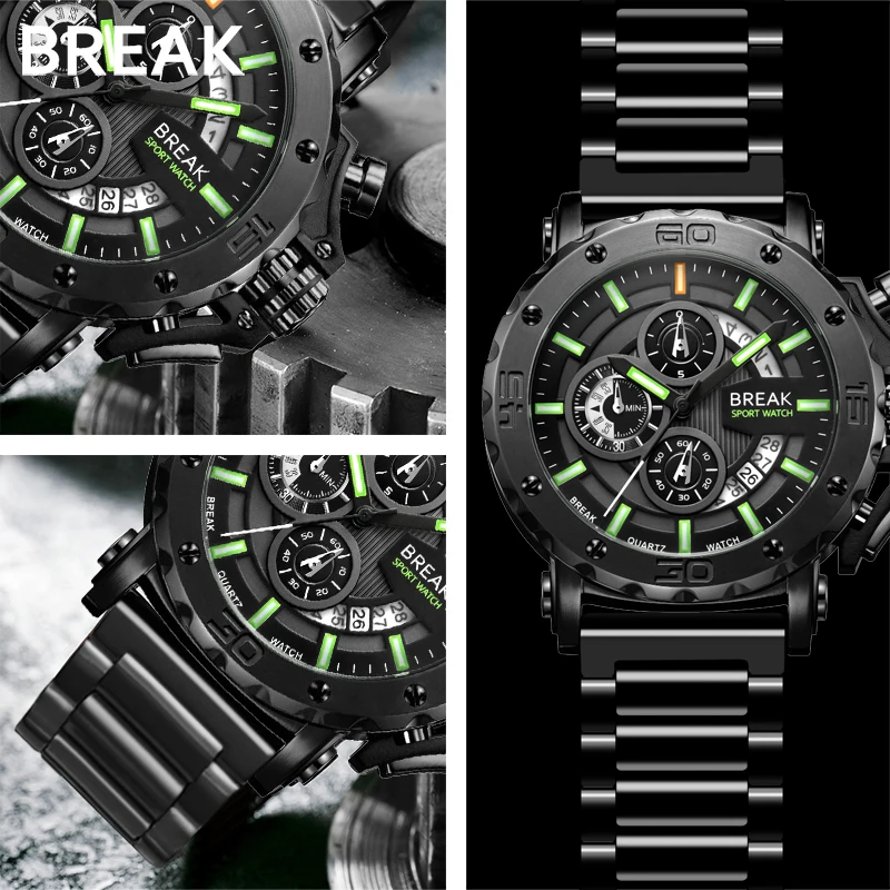  BREAK Men Quartz Watches Top Luxury Brand Stainless Steel Band Casual Fashion Chronograph Luminous 