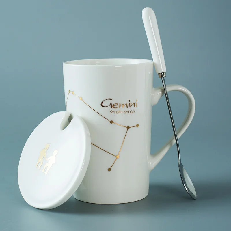 Крутая модная кружка с 24 созвездиями, кружка для чая, молока, кофе, керамическая ложка, крышка, чашка для пары, офисный подарок, чашка для напитков на заказ - Цвет: White-Gemini