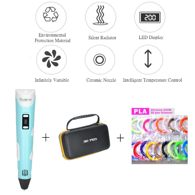 Special Price BAPASCO  3D Pen LED Display 2nd Generation 3D Printing Pen Add 200M(20Color) PLA Filament Arts DIY pen 3D For Kids Drawing Tools
