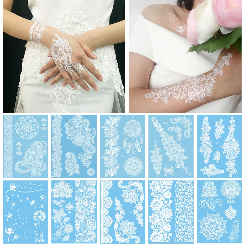10 Pieces White Tattoo Temporary Sticker Flower Lace Design Bride Arm Chest Body Art Bracelet Choker Tattoo Sticker Wedding 2017 (3)