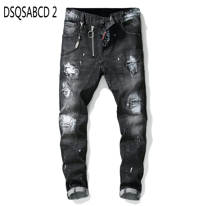 

European American Style famous brand mens jeans luxury Men straight denim trousers zipper Patchwork Slim black jeans for men 012