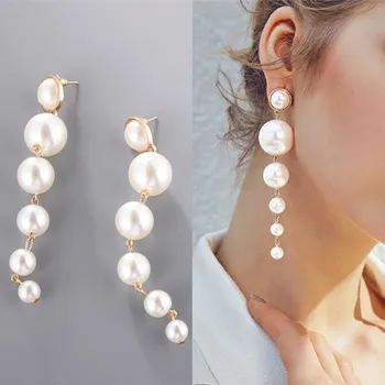 

Fashion Elegant Big Simulated Pearl Long Earrings Imitation Pearls String Statement Earrings For Wedding Party Gift Wholesale