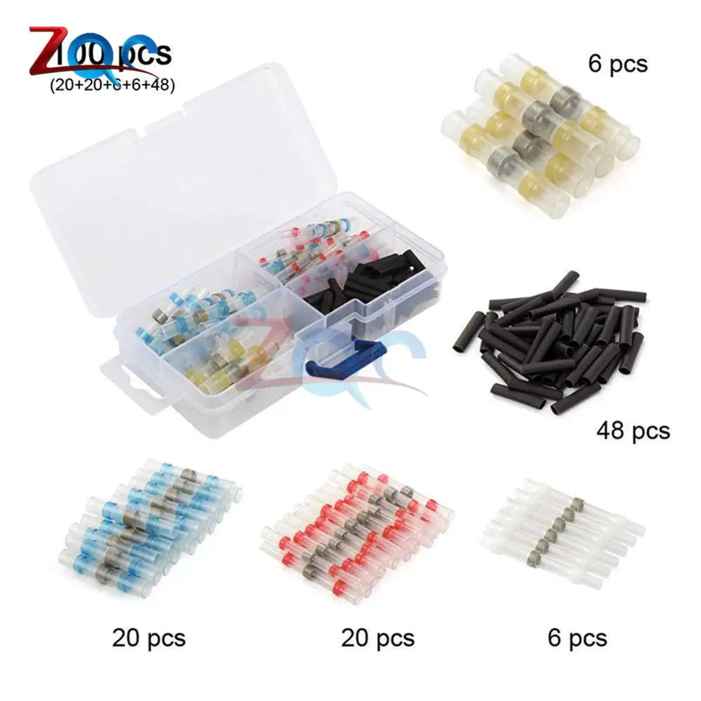 

100pcs HOT Box Heat Shrink Solder sealing Shrinkable Sleeve Waterproof Wire Crimp Butt Terminals Terminator Electrical Conector
