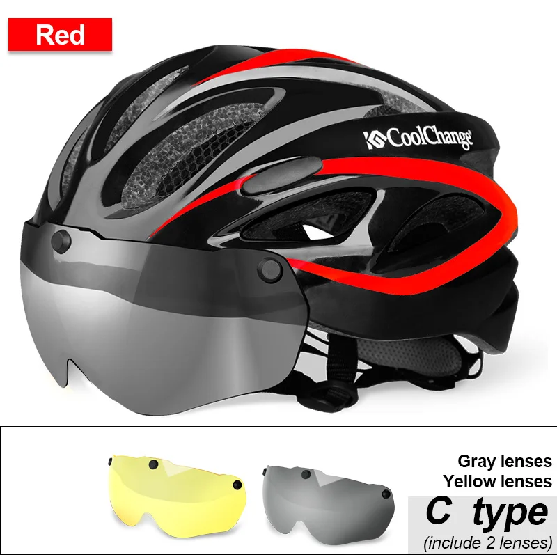 CoolChange велосипедный шлем ветронепроницаемый мужской объектив цельный литой 18 вентиляционных отверстий MTB велосипедный шлем Casco Ciclismo - Цвет: C Red 2 lenses