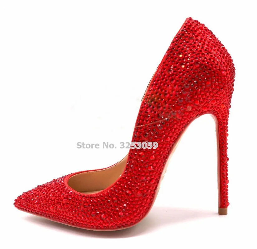 ALMUDENA Bling Bling Crsytal High Heel Pumps Silver Red Glittering Wedding Shoes Pointed Toe Shallow Rhinestone Party Shoes