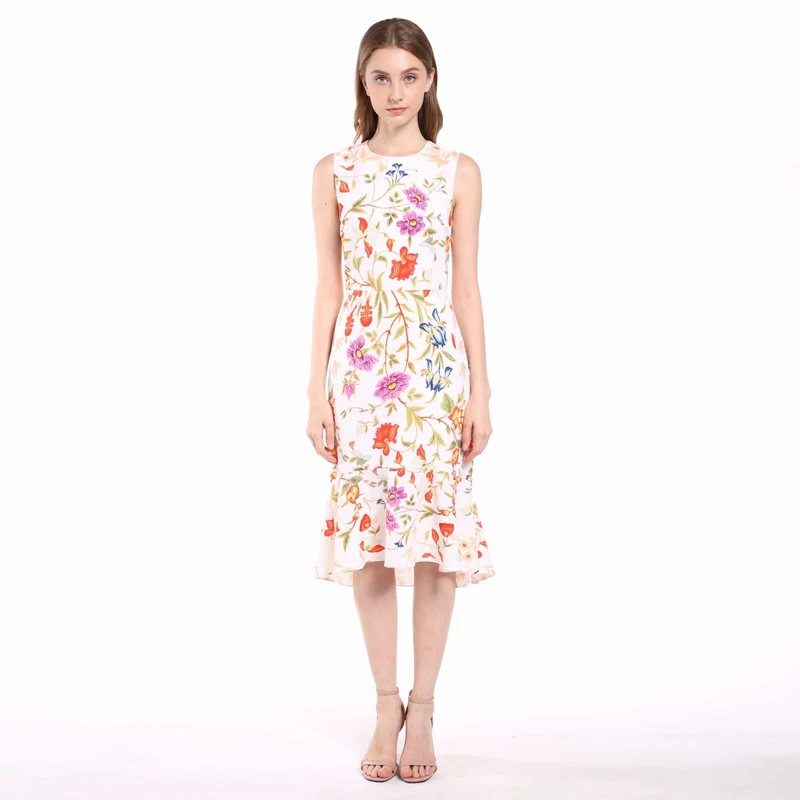 

Boho Flower Print Slim Dress 19 Summer New Fashion Mermaid Mid-Length Party Dress High Quality Milan Designer Women'S Clothing