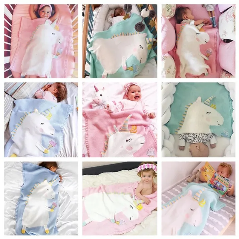 Baby Blanket Toddler Infant Newborn Knitted Blanket Pram Cot Bed Moses Basket Crib Cartoon Unicorn Nursery Sleeping Pillow