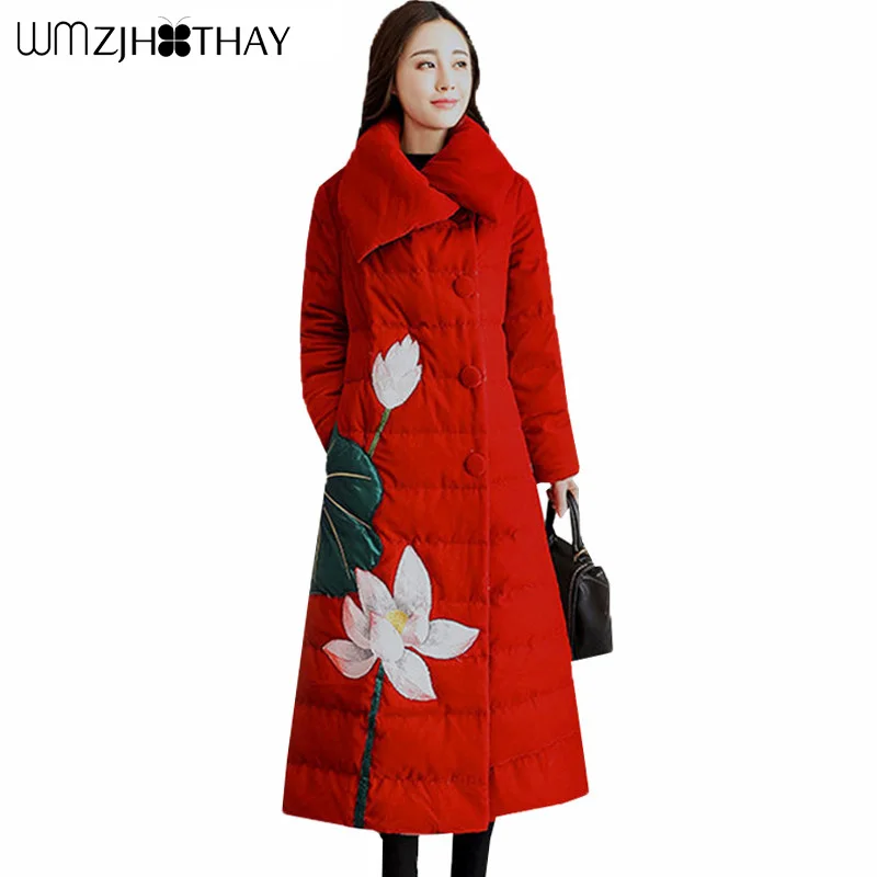 

Lotus Print Winter Coat Warm Chinese Style Long Jacket Thicken Outwear Collar Fashion Floral Parka Women Coat 2019 Plus Size 3XL