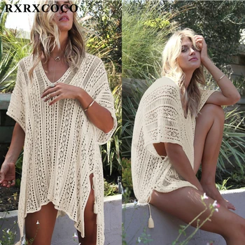 

RXRXCOCO 2018 New Beach Cover Up Bikini Crochet Knitt Solid Beachwear Swimsuit Cover Up Women Sexy See-through Beach Dress Pareo