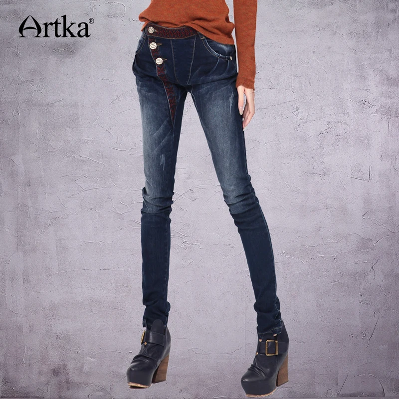 

ARTKA Women'S Bleached Washed Button Pencil Pants Softener Pockets National Embroidery Cotton Skinny Pants KN17130Q