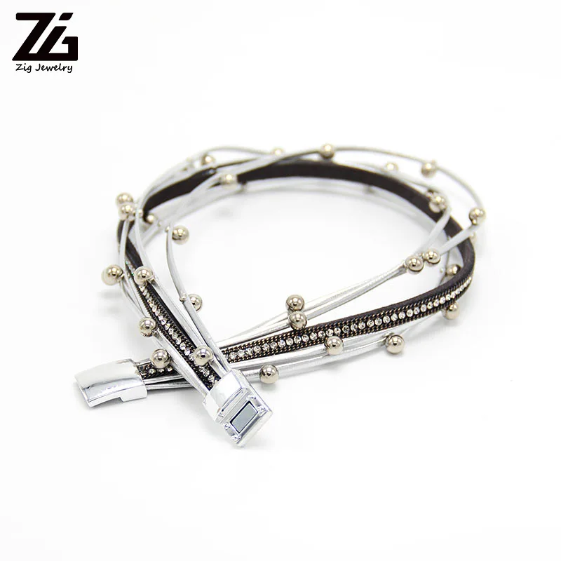 ZG Multilayer Leather Bracelets for Women Femme Crystal Metal Beads Charm Bohemian Style Bracelet Female Jewelry - Окраска металла: silver