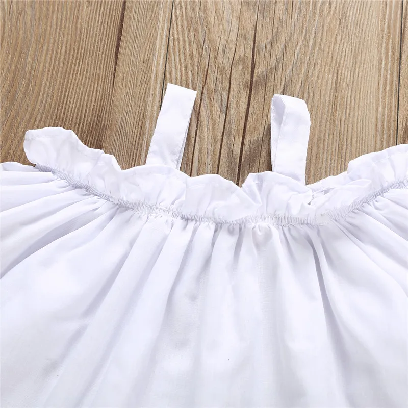 Модная детская одежда для маленьких девочек, летняя одежда, белая футболка с открытыми плечами, Топы+ штаны-шаровары в полоску, вечерние комплекты из 2 предметов для девочек 2-6 лет