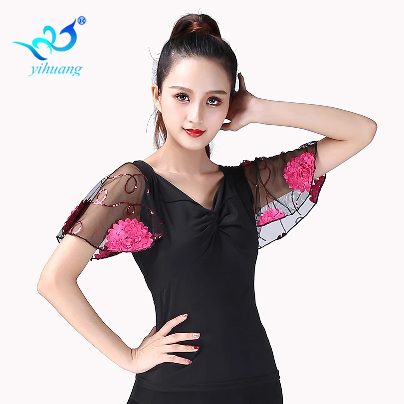 Ballroom Dance Top Flamenco Blouse Standard Modern Dancer Costume Performance Outfits Waltz Dancewear Short Sleeves 7 Colors
